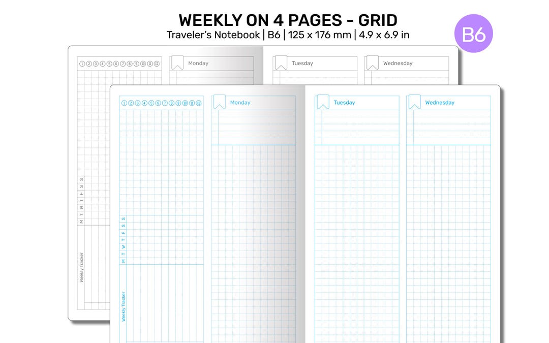 B6 TN Weekly Planner GRID Traveler's Notebook Vertical Wo4p Printable ...