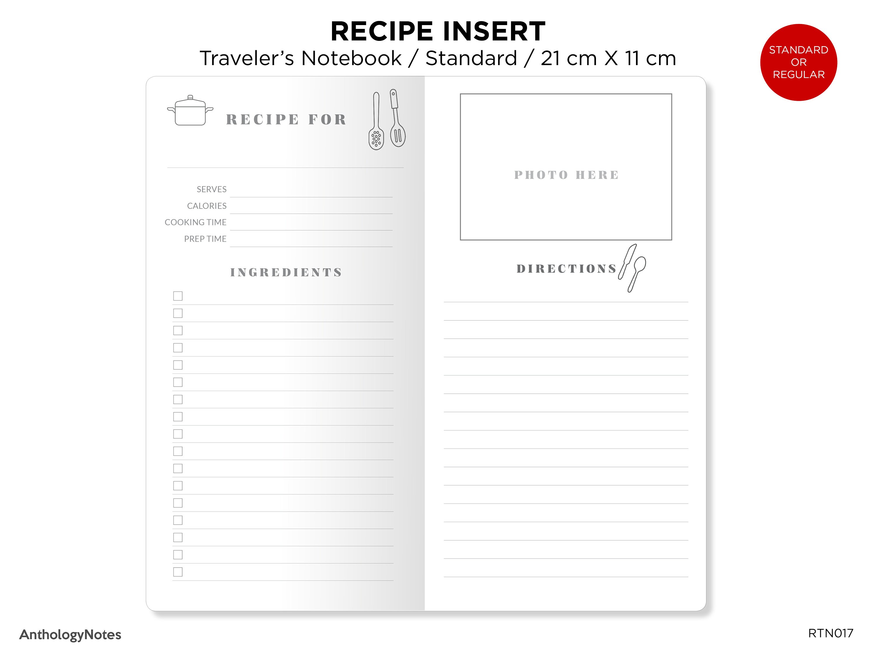 Recipe Organizer Printable Insert Traveler's Notebook | Etsy
