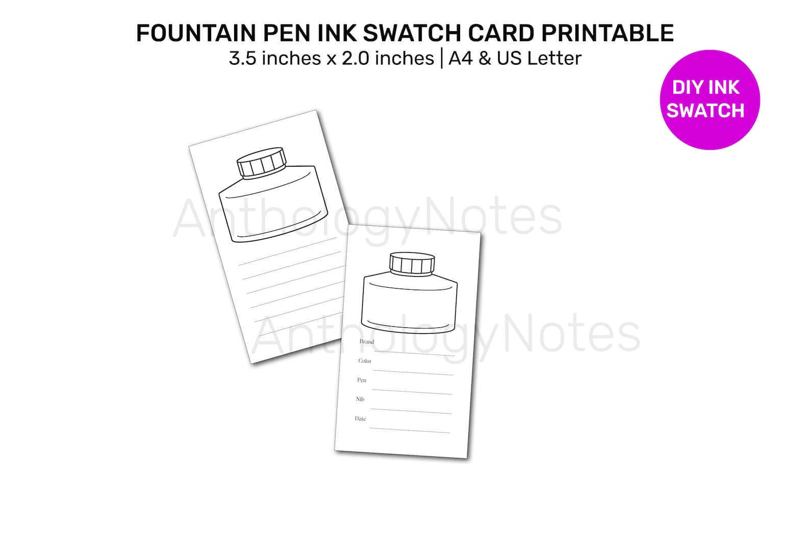 Printable Inky FOUNTAIN PEN Ink Swatch Cards - Printable DIY Ink Swatching AFP002 - Etsy