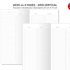 May include: A weekly planner with a vertical grid layout, designed for a Traveler's Notebook. The planner is printed on four pages and measures 21 cm by 11 cm.