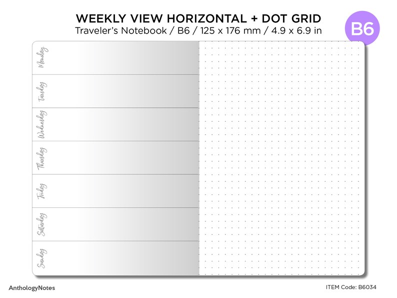TN B6 Weekly Horizontal DOT GRID Traveler's Notebook Printable - Etsy