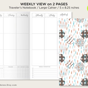May include: A weekly planner with a grid layout for Monday through Friday, a tracker section, and a weekly priorities section. The planner is designed for a Traveler's Notebook or Large Cahier and measures 5 inches by 8.25 inches.