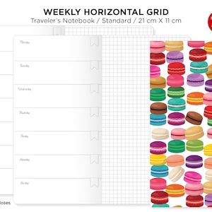 May include: A weekly horizontal grid planner with a macaron pattern on the right side. The planner is designed for a Traveler's Notebook and measures 21 cm by 11 cm. The text "STANDARD OR REGULAR" is in a red box in the top right corner.