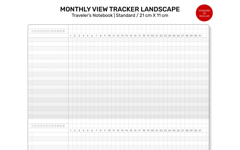MONTHLY Tracker GRID Standard Size Traveler's Notebook Printable Insert Minimalist Grid Landscape image 10