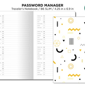 Puede incluir: Un cuaderno de gestión de contraseñas en blanco y negro con una cubierta de patrón geométrico. La cubierta presenta un fondo blanco con formas geométricas negras y amarillas. El cuaderno está etiquetado como "PASSWORD MANAGER" y "Traveler's Notebook / B6 SLIM / 4.25 in x 6.9 in".