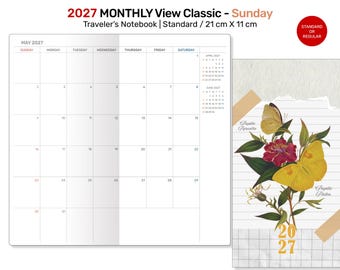 2027 MONTHLY View Insert Standard Size Traveler's Notebook - Printable Insert Diary SUNDAY Start