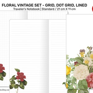 Floral Botanical BUNDLE Set Traveler's Notebook VINTAGE Dot Grid, Grid, Lined, Unlined Standard Size RTN008