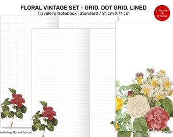 Floral Botanical BUNDLE Set Traveler's Notebook VINTAGE Dot Grid, Grid, Lined, Unlined Standard Size RTN008