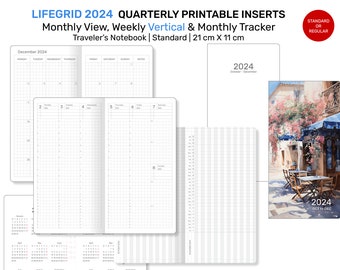 2024 LIFEGRID Traveler's Notebook QUARTERLY Insert Standard Size - Monthly, VERTICAL Weekly and Monthly Tracker Grid - LGSTN002
