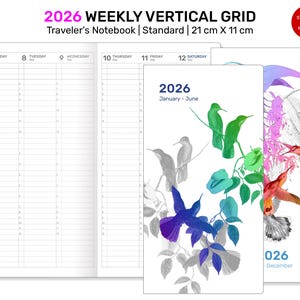 May include: 2026 weekly vertical grid traveler's notebook, standard size, measuring 8.27 inches by 4.33 inches. The notebook features a white interior with a vertical grid layout. The cover displays colorful hummingbird illustrations and the text "2026".
