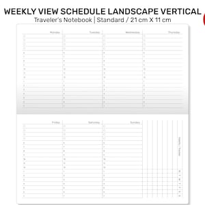Puede incluir: Un planificador semanal vertical en formato paisaje para una libreta de viaje. El planificador mide 21 cm por 11 cm y tiene un fondo blanco con l&iacute;neas negras. Los d&iacute;as de la semana est&aacute;n listados en la parte superior de cada columna, y las horas est&aacute;n listadas en el lateral. Hay casillas de verificaci&oacute;n junto a cada hora para marcar tareas o citas.