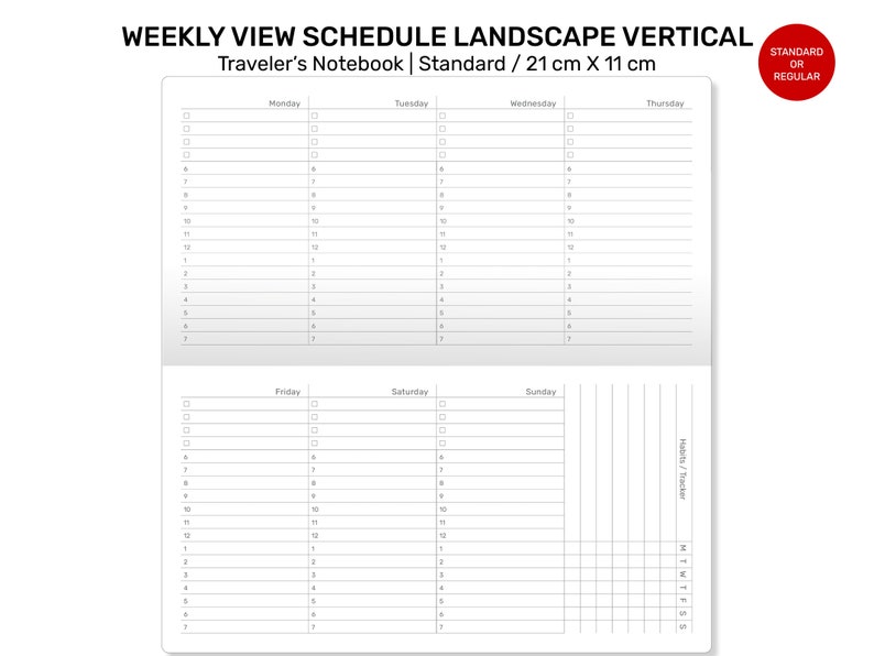 Puede incluir: Un planificador semanal vertical en formato paisaje para una libreta de viaje. El planificador mide 21 cm por 11 cm y tiene un fondo blanco con l&iacute;neas negras. Los d&iacute;as de la semana est&aacute;n listados en la parte superior de cada columna, y las horas est&aacute;n listadas en el lateral. Hay casillas de verificaci&oacute;n junto a cada hora para marcar tareas o citas.