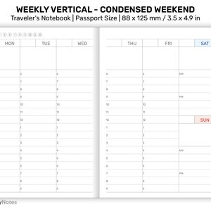 Puede incluir: Un planificador vertical semanal con un diseño de fin de semana condensado. El planificador está diseñado para una libreta de viaje y es de tamaño pasaporte, midiendo 3,5 por 4,9 pulgadas. El planificador tiene columnas para del lunes al domingo, con intervalos de tiempo de hora en hora de 6 AM a 9 PM.
