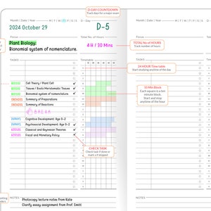 May include: A daily planner page with a green, pink, and blue color scheme. The page is titled "D-5" and includes a section for "Focus" with the text "Plant Biology: Bionomial system of nomenclature."  The page also includes a timetable and a section for "Tasks" with a list of subjects and topics.