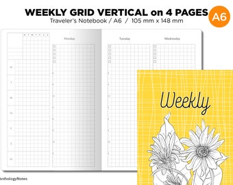 A6 Weekly VERTICAL GRID Traveler's Notebook Wo4P Minimalist Functional Insert TN Monday or Sunday Start