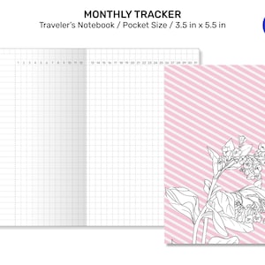May include: A monthly tracker notebook with a pink and white striped cover featuring a black and white line drawing of a flower. The notebook is 3.5 inches by 5.5 inches and has a gridded interior.