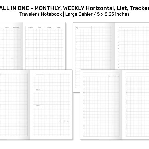 CAHIER TN All-in-ONE Insert, Monthly, Weekly Horizontal, List, Tracker, Notes Printable Traveler's Notebook Insert CH22-001