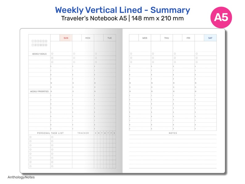 TN A5 Weekly Vertical Summary Wo2p Lined With Weekly Tracker Printable ...