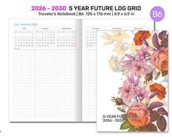 B6 5 Year Diary 2026 - 2030 FUTURE LOG Printable Traveler's Notebook Insert - Vertical GRID DB6008-2025