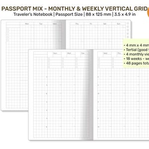 Passport MIX Maandelijks, wekelijks verticaal GRID afdrukbaar notitieboek voor reizigers