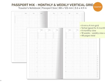 Cuaderno de viajero imprimible con cuadrícula vertical mensual y semanal Passport MIX