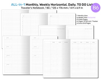 B6 TN All-in-One Monthly, Weekly Horizontal, Tracker / TO DO List, Grid Notes Printable Traveler's Notebook Insert