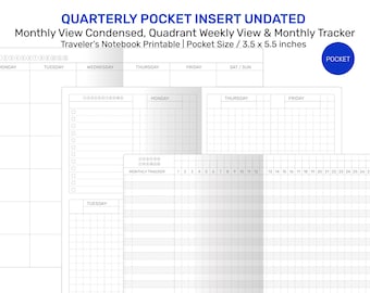 May include: Printable quarterly planner insert for a traveler's notebook. The insert includes a monthly view, quadrant weekly view, and monthly tracker. The pages are designed for a pocket size notebook, measuring 3.5 by 5.5 inches.