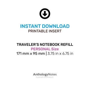 May include: Instant download printable insert for a traveler's notebook refill in personal size, measuring 171 mm x 95 mm or 3.75 inches by 6.75 inches. The text "AnthologyNotes Planner Printables" is at the bottom of the image.