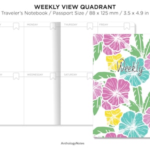 Puede incluir: Una agenda semanal con un diseño floral. La agenda es de tamaño pasaporte y mide 8,9 cm por 12,4 cm. La portada presenta un fondo blanco con flores de hibisco rosas, amarillas y azules y hojas verdes.