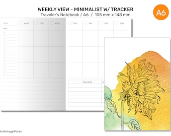 May include: A6 size weekly planner with a minimalist design and a sunflower illustration. The planner has a tracker section and is 105 mm by 148 mm.