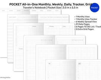 May include: A black and white image of a pocket-sized notebook with a grid pattern. The notebook has a monthly, weekly, daily, and tracker sections. The notebook is 3.5 inches by 5.5 inches.