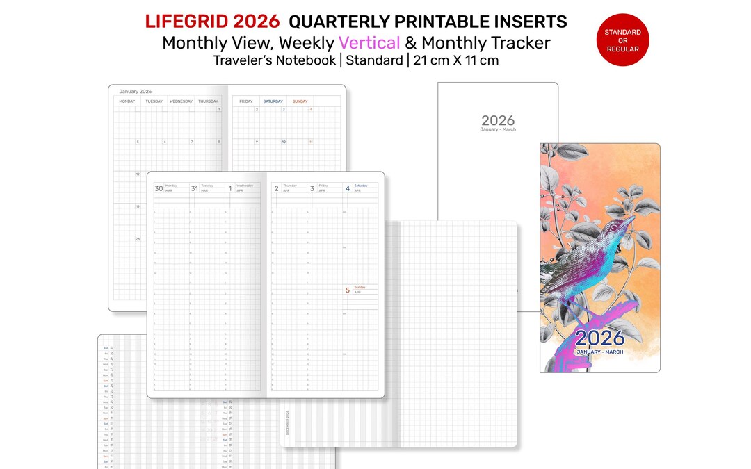 Tracker Grid Layout 2026 LIFEGRID Traveler's Notebook QUARTERLY Insert Standard Size ...