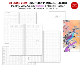 2026 LIFEGRID Traveler's Notebook QUARTERLY Insert Standard Size - Monthly, VERTICAL Weekly and Monthly Tracker Grid - LGSTN002