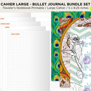 May include: A bullet journal bundle set with various notebook inserts. The inserts include dot grid, blank, cross grid, and lined pages. The covers feature peacock feathers, a vintage map, floral designs, and a chevron pattern. Each cahier is 5 x 8.25 inches.