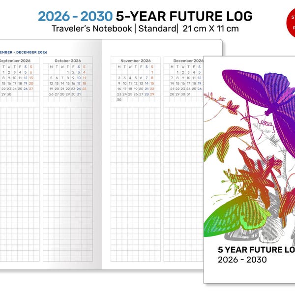5 Jahresplaner Traveler's Notebook 2026 - 2030 FUTURE LOG Druckbare Einlage GRID Vertikal in Standardgröße