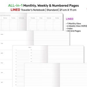 TN All-in-One Printable Insert: Monthly, Weekly Horizontal, Numbered LINED Pages for Traveler&#39;s Notebook Standard RTN22A-005L