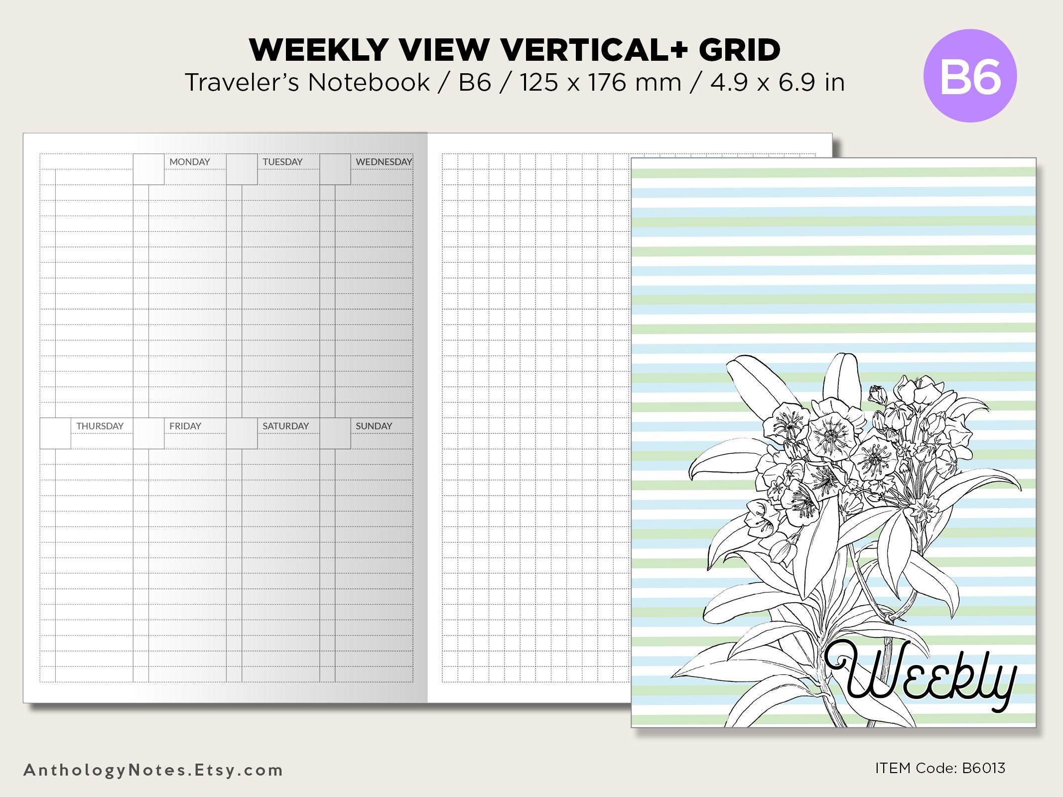TN B6 Weekly VERTICAL Traveler's Notebook Printable Insert GRID Wo1p - Etsy