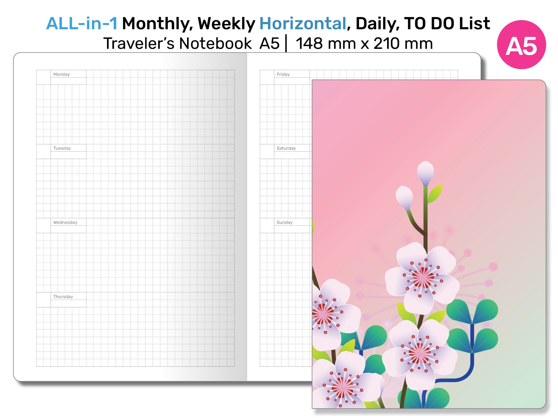 A5 TN All-in-one Monthly, Weekly HORIZONTAL, Tracker & to Do List, Grid ...
