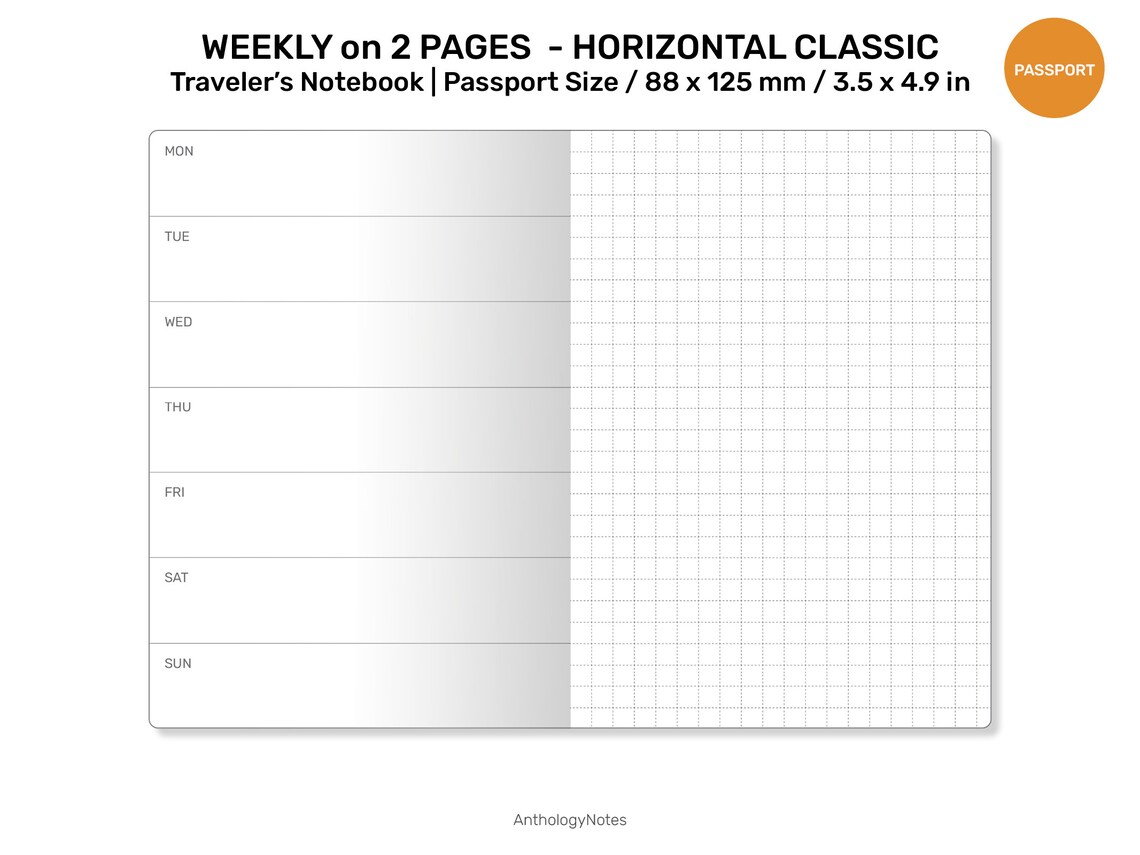 TN PASSPORT Weekly Horizontal Classic Printable Refill Insert Traveler ...