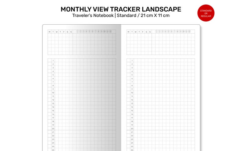 MONTHLY Tracker GRID Standard Size Traveler's Notebook Printable Insert Minimalist Grid Landscape image 9