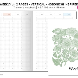 A5 Wochenansicht Gitter HOBONICHI Inspiriert Traveler&#39;s Notebook Druckbare Einlage - Undatiert Wo2P Vertikal A5003
