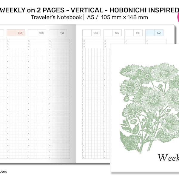 A5 Weekly View Grid HOBONICHI Inspired Traveler's Notebook Printable Insert - Undated Wo2P Vertical A5003
