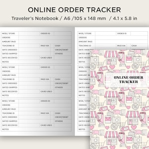 May include: A white and pink printable online order tracker notebook with a cute pattern of shopping bags, hearts, and shopping carts. The notebook is labeled "Online Order Tracker" and is designed for use as a traveler's notebook.