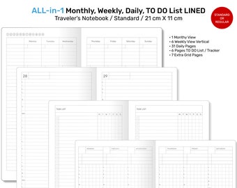 Standard TN ALL-in-1 Monthly, Weekly, Daily, List Printable Traveler's Notebook Refill Insert LINED - Minimalist Functional RTN022-003B