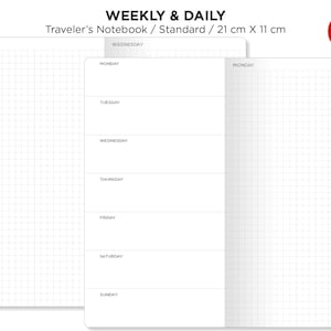 May include: A weekly and daily planner notebook with a grid pattern. The notebook is 21 cm by 11 cm and is labeled "Standard or Regular".
