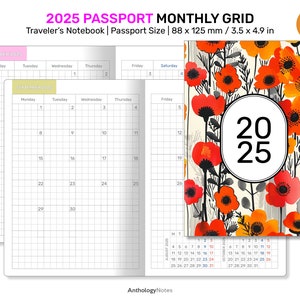 2025 PASPOORT maandelijks dagboek GRID Traveler's Notebook Afdrukbaar inlegvel Mo2P Minimalist TN DPP003