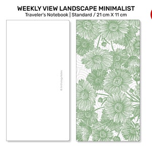 Puede incluir: Un cuaderno blanco con un dise&ntilde;o floral verde en la portada. El cuaderno est&aacute; etiquetado como "Weekly View Landscape Minimalist Traveler's Notebook | Standard / 21 cm x 11 cm".