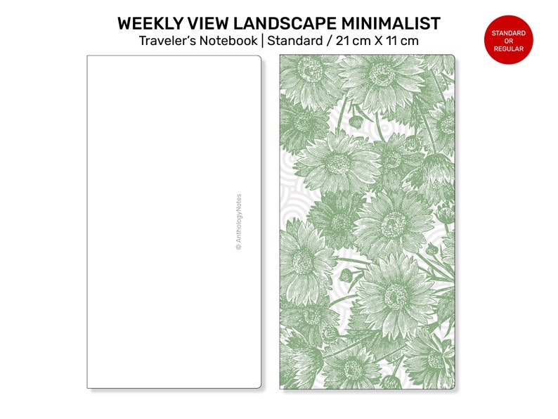Puede incluir: Un cuaderno blanco con un dise&ntilde;o floral verde en la portada. El cuaderno est&aacute; etiquetado como "Weekly View Landscape Minimalist Traveler's Notebook | Standard / 21 cm x 11 cm".