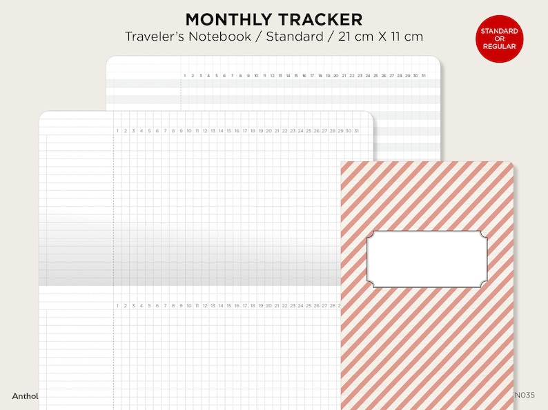 May include: A monthly tracker notebook with a grid layout and numbered days of the month. The notebook is standard size, measuring 21 cm by 11 cm. The cover is a pink and white striped pattern with a blank label.