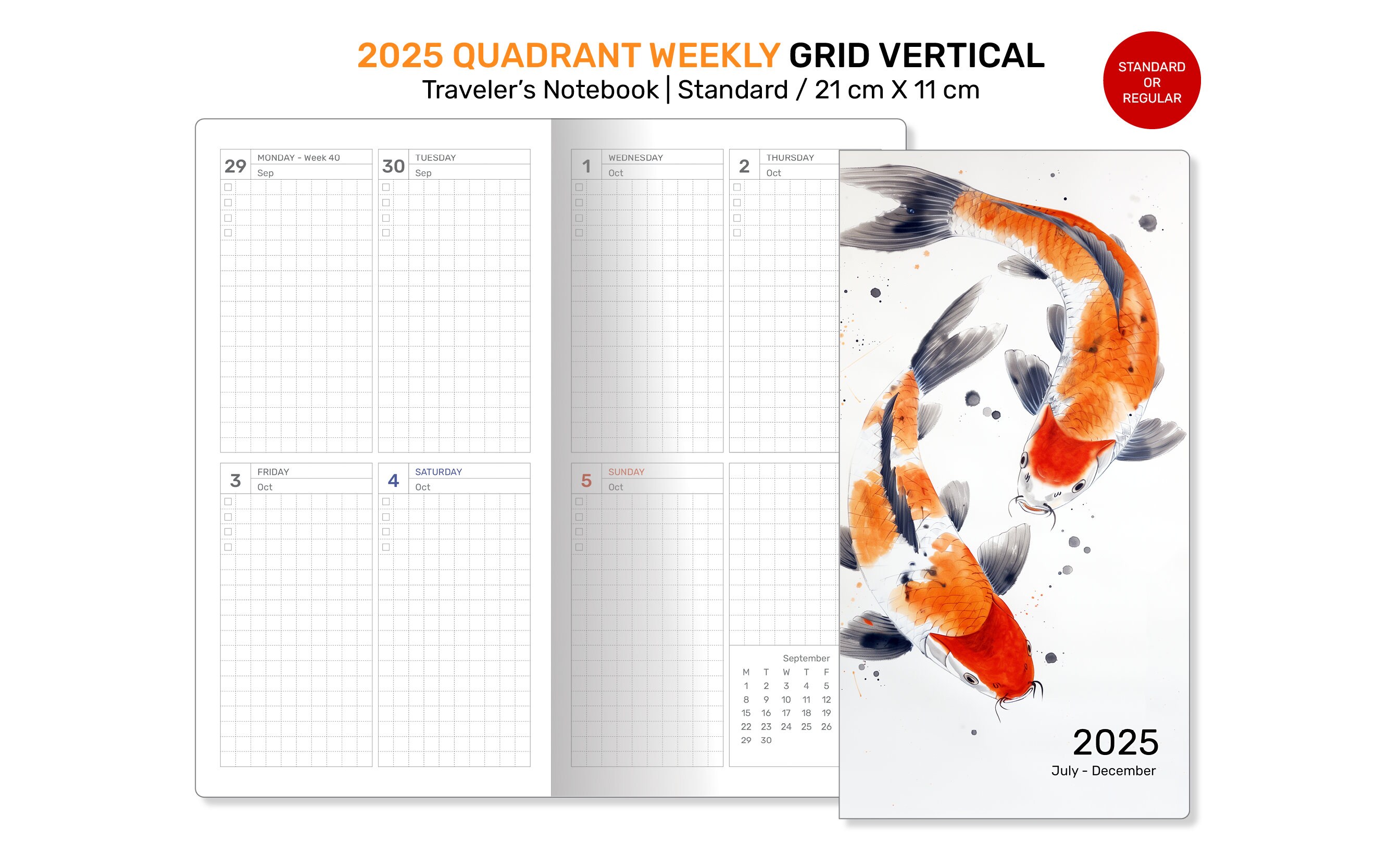 2025 Weekly Quadrant Traveler's Notebook Printable Wo2P Vertical GRID Standard Regular Size TN